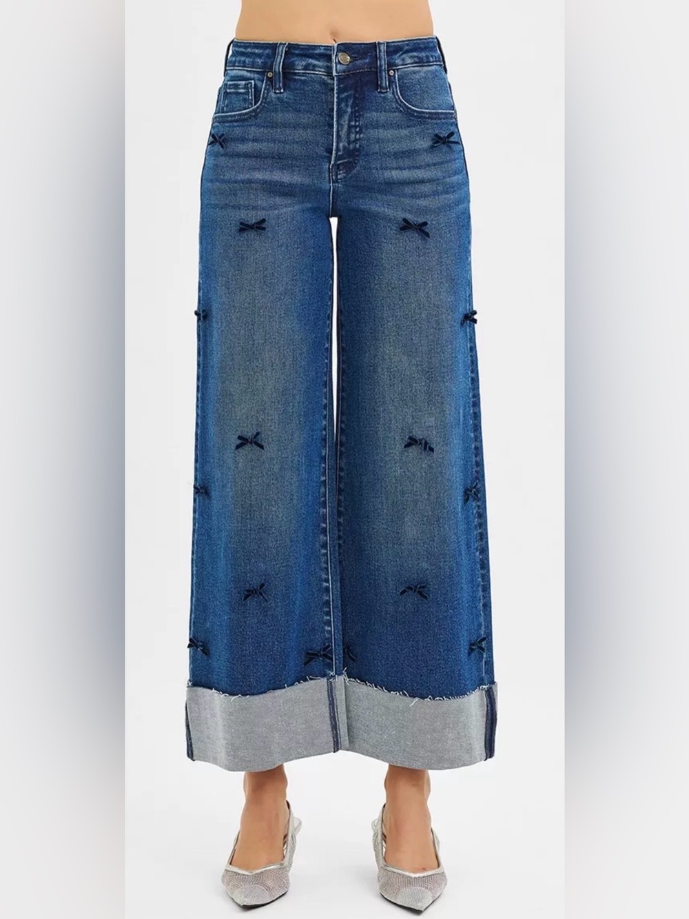 Women's Wide-Leg Flare Jeans with Bow Embellishments - Dark Blue Freckled poppy